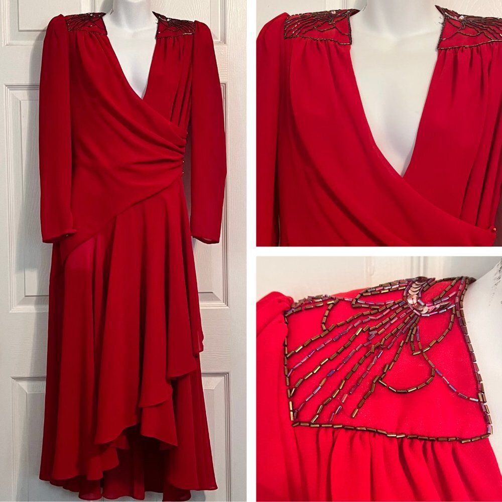 Casadei 80s Red Wrap Dress Asymmetrical Hem Bead Sequin Accents Size 10